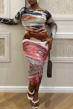 Robe imprimée à col rond en couleur, imprimé de rue, patchwork