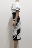 Noir élégant imprimé patchwork avec nœud contraste fermeture éclair col rond jupe crayon robes