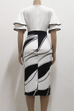 Patchwork imprimé élégant blanc avec nœud contrasté fermeture éclair col rond jupe crayon robes