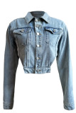 Azul claro casual sólido retalhos assimétrico turndown colarinho manga comprida jaqueta jeans regular