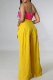 Yellow Casual Solid Patchwork Pocket With Bow Loose High Waist Wide Leg Solid Color Bottoms