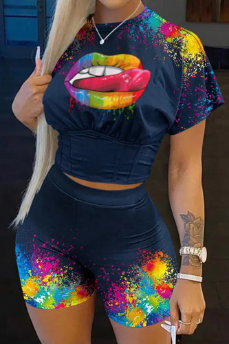 Colour Street Print Patchwork O Neck Short Sleeve Two Pieces