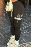 Black Casual Print Patchwork Skinny Mid Waist Pencil Positioning Print Bottoms
