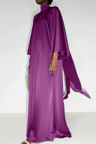 Lila elegantes, solides Patchwork-Kleid mit halbem Rollkragen und langem Kleid