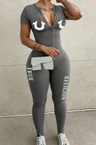 Grey Sexy Letter Print Zipper Collar Jogger Sets Skinny Jumpsuits