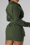 オリーブグリーン カジュアル ソリッド パッチワーク ドローストリング ポケット ボタン チェーン ジッパー ジッパーカラー 長袖 2枚