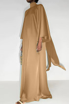 Khakifarbenes, elegantes, solides Patchwork-Kleid mit halbem Rollkragen und langem Kleid