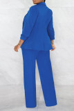 Королевский синий Повседневная однотонная базовая рубашка с отложным воротником и длинными рукавами из двух частей
