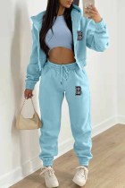 Lake Blue Casual Print Letter Hooded Collar Long Sleeve Three Pieces