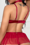 Patchwork évidé uni rouge rose avec lingerie à nœud
