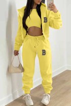 Yellow Casual Print Letter Hooded Collar Long Sleeve Three Pieces