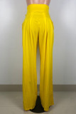 Bolsillo de parches lisos informal con lazo, pantalones sueltos de cintura alta, pierna ancha, color sólido, color amarillo
