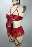Patchwork évidé uni rouge rose avec lingerie à nœud
