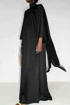 Schwarzes, elegantes, solides Patchwork-Kleid mit halbem Rollkragen und langem Kleid