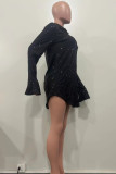 Черные сексуальные однотонные платья с блестками в стиле пэчворк с пряжкой и воротником-рубашкой