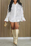 White Sexy Solid Sequins Patchwork Buckle Shirt Collar Shirt Dress Dresses