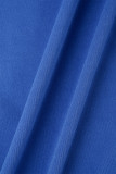 Azul Royal Casual Sólido Básico Gola Virada Manga Longa Duas Peças