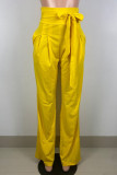 Bolso de retalhos sólido casual amarelo com laço solto cintura alta perna larga calças de cor sólida