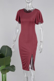 Бордовые элегантные однотонные лоскутные платья-юбки с разрезом на молнии и круглым вырезом