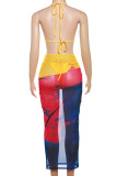 Jaune Street Print Bandage Patchwork Halter Sans Manches Deux Pièces