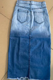 Blue Street Gradual Change Ombre Print Patchwork Pocket Buttons High Opening Zipper Mid Waist Regular Thigh Split Denim Midi Skirts