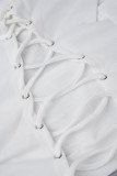 Tops con cuello con capucha y tiras cruzadas con cordón y bolsillo con cordón informal liso blanco