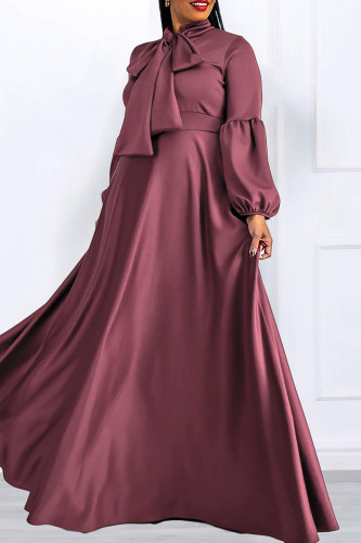 Red Elegant Solid Bandage Patchwork Pocket With Bow O Neck Long Dress Dresses