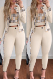 Apricot Casual Print Patchwork Long Sleeve  Three Piece Set