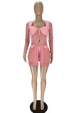 Pink Sexy Casual Solid Patchwork See-through Slit Square Collar Long Sleeve Two Pieces
