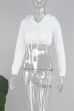 White Casual Solid Patchwork Draw String Pocket Cross Straps Hooded Collar Tops
