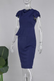 ディープブルーのエレガントなソリッドパッチワーク折りOネックペンシルスカートドレス