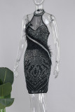 Черные элегантные платья-юбки с круглым вырезом и горячим сверлением в стиле пэчворк и перьями