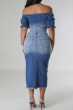 Blue Street Gradual Change Ombre Print Patchwork Pocket Buttons High Opening Zipper Mid Waist Regular Thigh Split Denim Midi Skirts