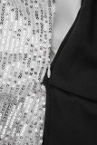 Black Casual Patchwork Sequins Backless One Shoulder Skinny Jumpsuits
