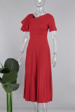 Красные элегантные однотонные лоскутные плиссированные платья трапециевидной формы с асимметричным воротником