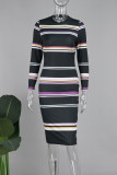 Black Sweet Striped Patchwork O Neck Pencil Skirt Dresses