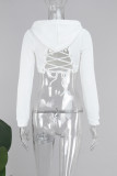 White Casual Solid Patchwork Draw String Pocket Cross Straps Hooded Collar Tops