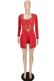 Red Sexy Casual Solid Patchwork See-through Slit Square Collar Long Sleeve Two Pieces