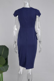 Deep Blue Elegant Solid Patchwork Fold O Neck Pencil Skirt Dresses