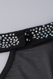 Zwarte elegante hete boren patchwork veren O-hals gewikkeld rokjurken