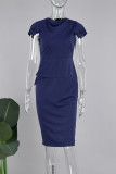 Deep Blue Elegant Solid Patchwork Fold O Neck Pencil Skirt Dresses
