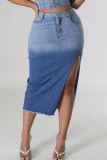 Blue Street Gradual Change Patchwork Pocket Buttons High Opening Zipper Mid Waist Regular Denim Skirts
