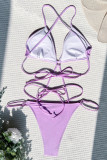 Фиолетовая спортивная одежда, однотонные лоскутные купальники с повязками (с подкладками)