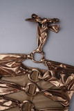 Хаки сексуальные однотонные выдалбливают лоскутные металлические аксессуары украшения Холтер длинное платье платья
