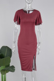 Бордовые элегантные однотонные лоскутные платья-юбки с разрезом на молнии и круглым вырезом