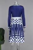 Marineblauwe elegante geometrische patchwork-rits O-hals A-lijn jurken