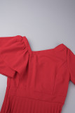 Robes trapèze à col asymétrique plissé en patchwork solide élégant rouge