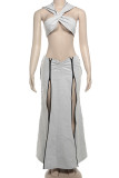 Grey Sexy Solid Patchwork Zipper Hooded Collar Sleeveless Two Pieces