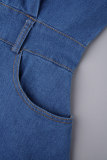 Blaue Street Solid Patchwork-Taschenschnalle, hohe Öffnung, Umlegekragen, lange Ärmel, lockere Denim-Kleider