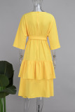 Gelbe, elegante, einfarbige Patchwork-Kleider mit V-Ausschnitt und A-Linie